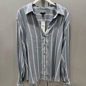 Ann Taylor Blue and White Cuffed Sleeve Blouse